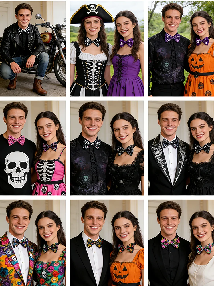 Halloween Skull Bow Ties Set for Men Women 9 Styles Tied Adjustable Satin Bowtie for Halloween Party Cosplay Costume Accessories