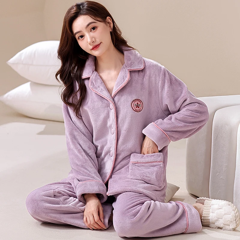 Autumn Winter Coral Fleece Couple Cardigan Pajamas Flannel Thick Warm Home Sleepwear Women Soft Pyjamas Male Lounge Pijama Mujer