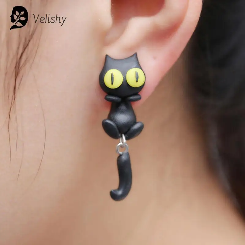 Cartoon 3D Animal Earrings For Women 1 pair New Design Handmade yellow eyes Cute Cat Stud Earring Fashion Jewelry Polymer Clay