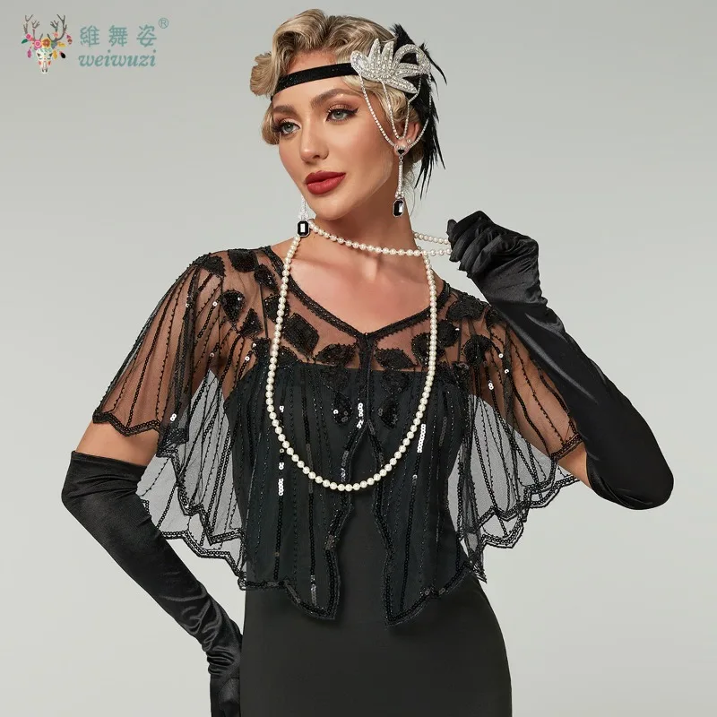 1920年代レトロスタイルパーティーイブニングドレスアクセサリーショールスパンコールビーズ刺繍ボールドレスショール