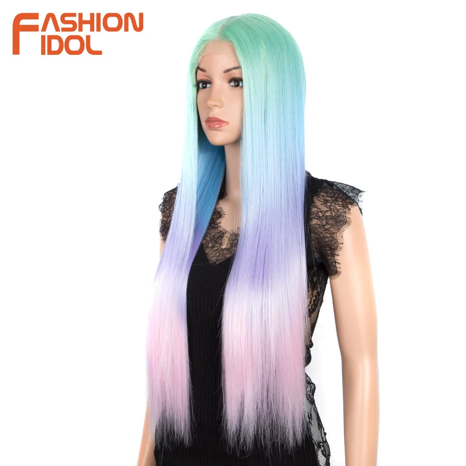 FASHION IDOL 30 Inch Straight Wig Synthetic Hair Lace Wigs For Women Ombre Rainbow Colorful Cosplay Wig Heat Resistant Fake Hair