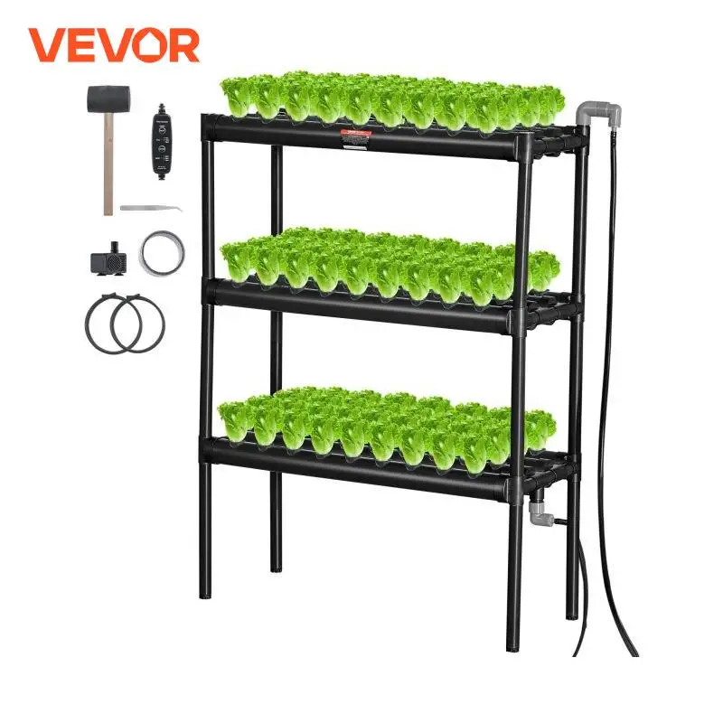 VEVOR Hydroponics Growing System 108 Sites 3 Layers Dark Grey PVC Pipes Hydroponic Grow Kit with Water Timer Baskets and Sponges