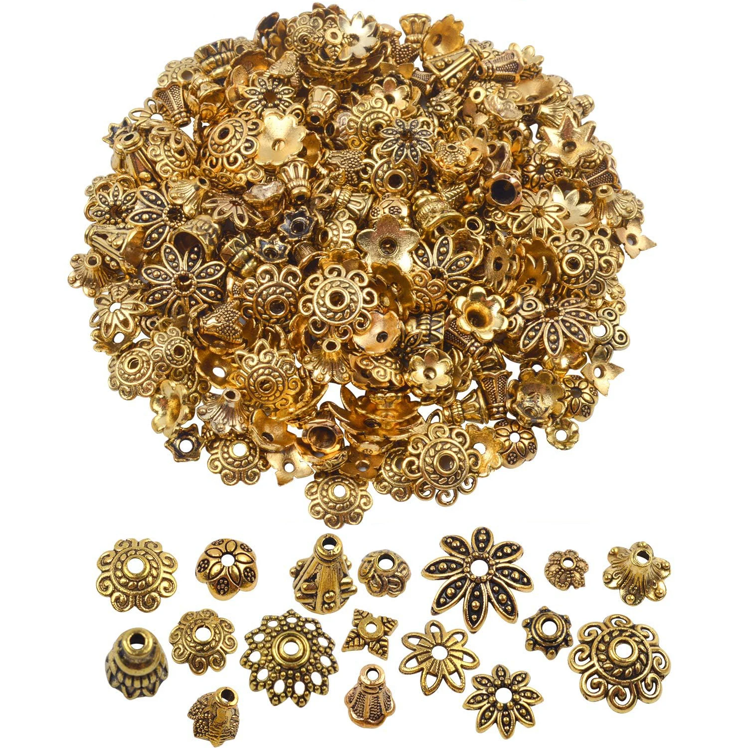 

100 грамм (около 250-350 шт.) Металлические колпачки для бусин в стиле Бали, для изготовления украшений, Делюкс, Новый микс, Античное золото