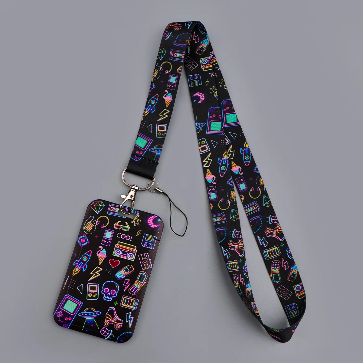 

Neon 90s Retro Arcade Lanyard Students ID Card Badge Holder Hanging Rope Neck Strap Keychain Keyring Accessories Gifts