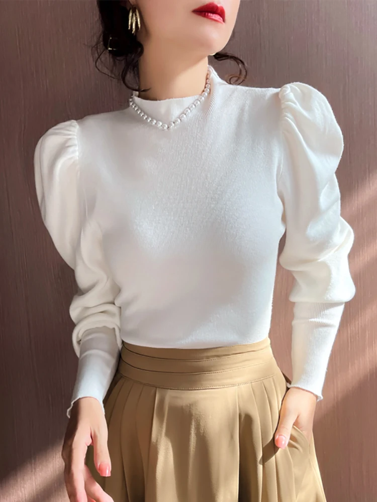 Autumn Winter Sweater Turtleneck Slim Fit Basic Pullovers Fashion Korean Knit Tops Puff Sleeve Womens Sweater Stretch Jumpers