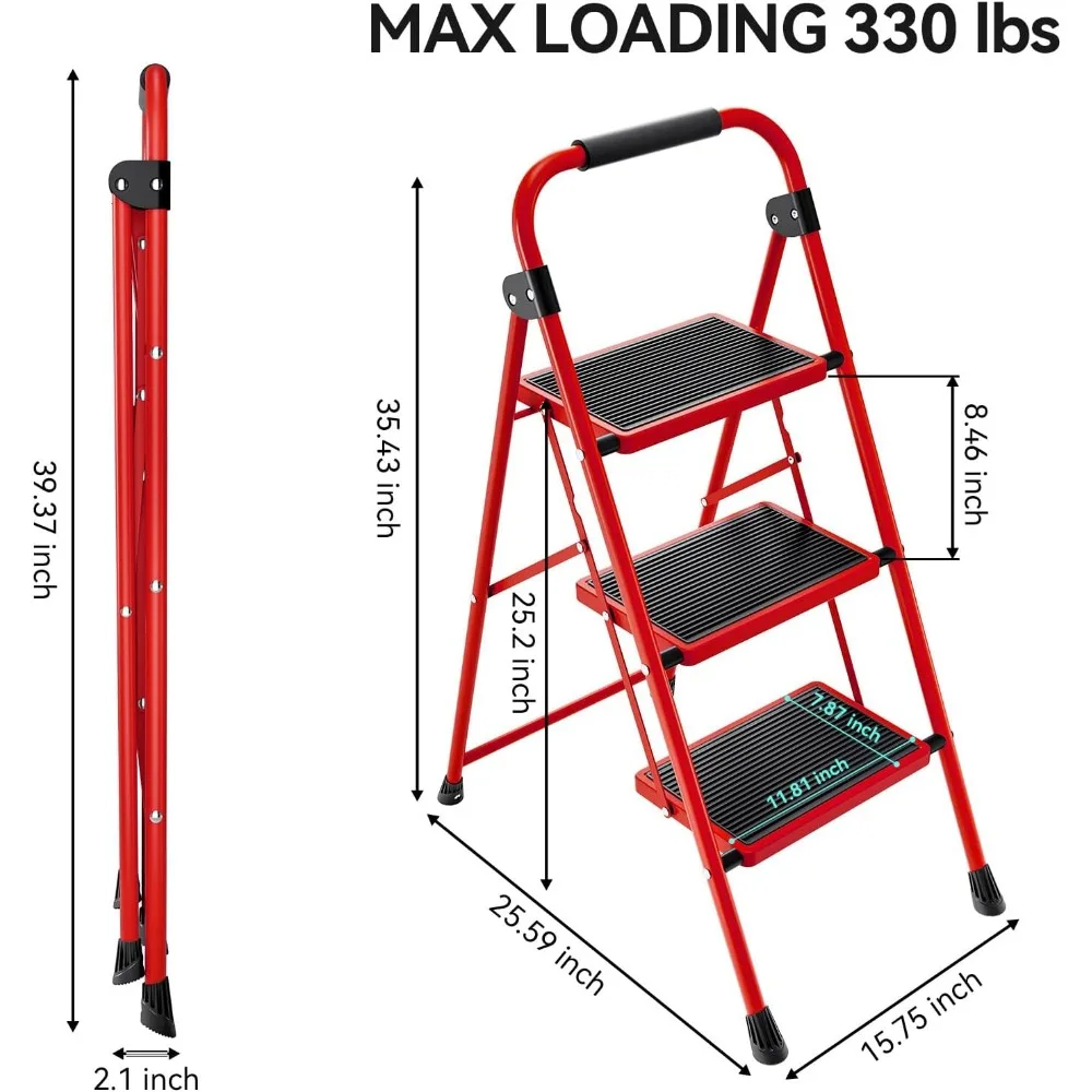سلم قابل للطي بثلاث خطوات مع مشطات مضادة للانزلاق، خطوات واسعة، تصميم خفيف الوزن، مقعد محمول مع درابزين لاستخدام المطبخ