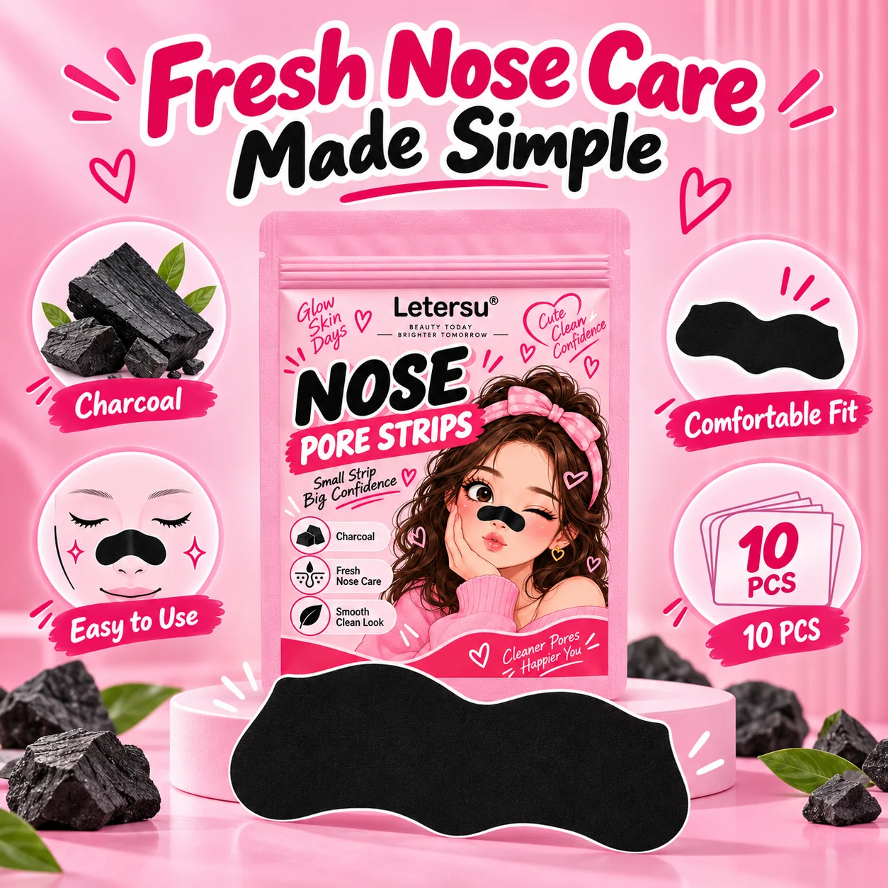10PCS Charcoal Nose Pore Strips, Blackhead Remover Nose Patches, Deep Cleansing Fresh Nose Care for Men Women