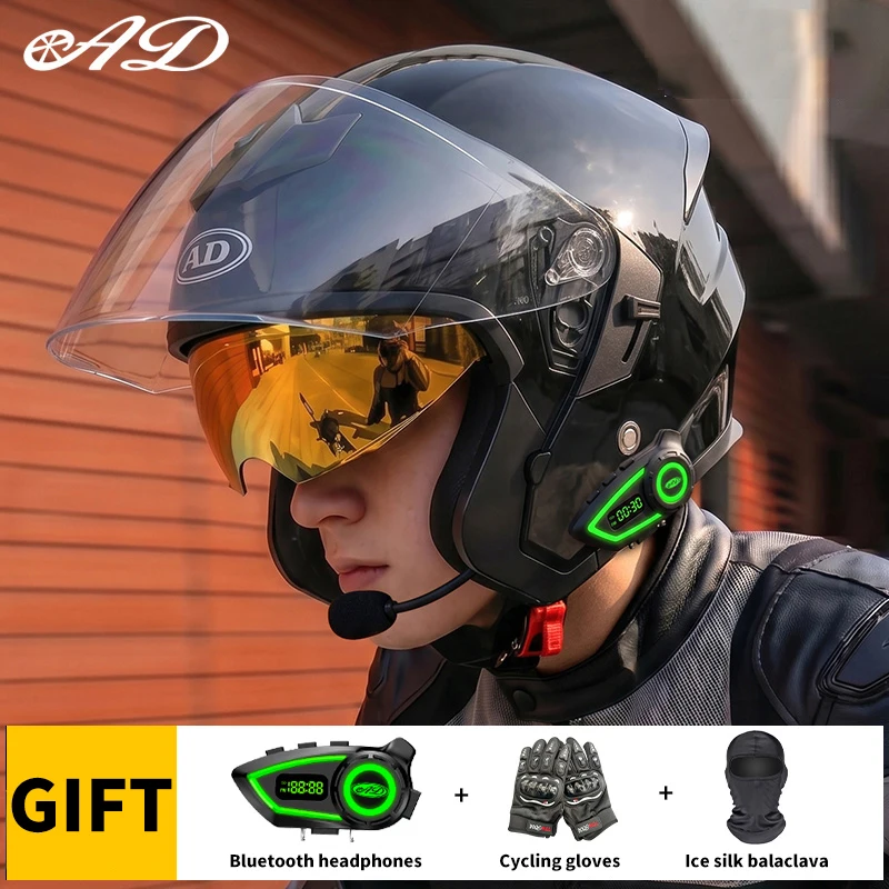 Ad Factory Abs Material Motorcycle Helmet with Bluetooth Unisex Casco Motorcycle Helmets Cotton Lining Open Face Helmet