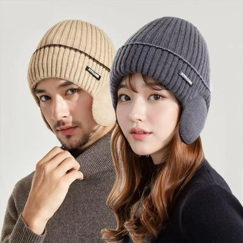 

Зимняя вязаная шапка унисекс с плюшевой подкладкой, теплая, с защитой ушей, стильная, мягкая, повседневная, для катания на лыжах и велосипеде, бини