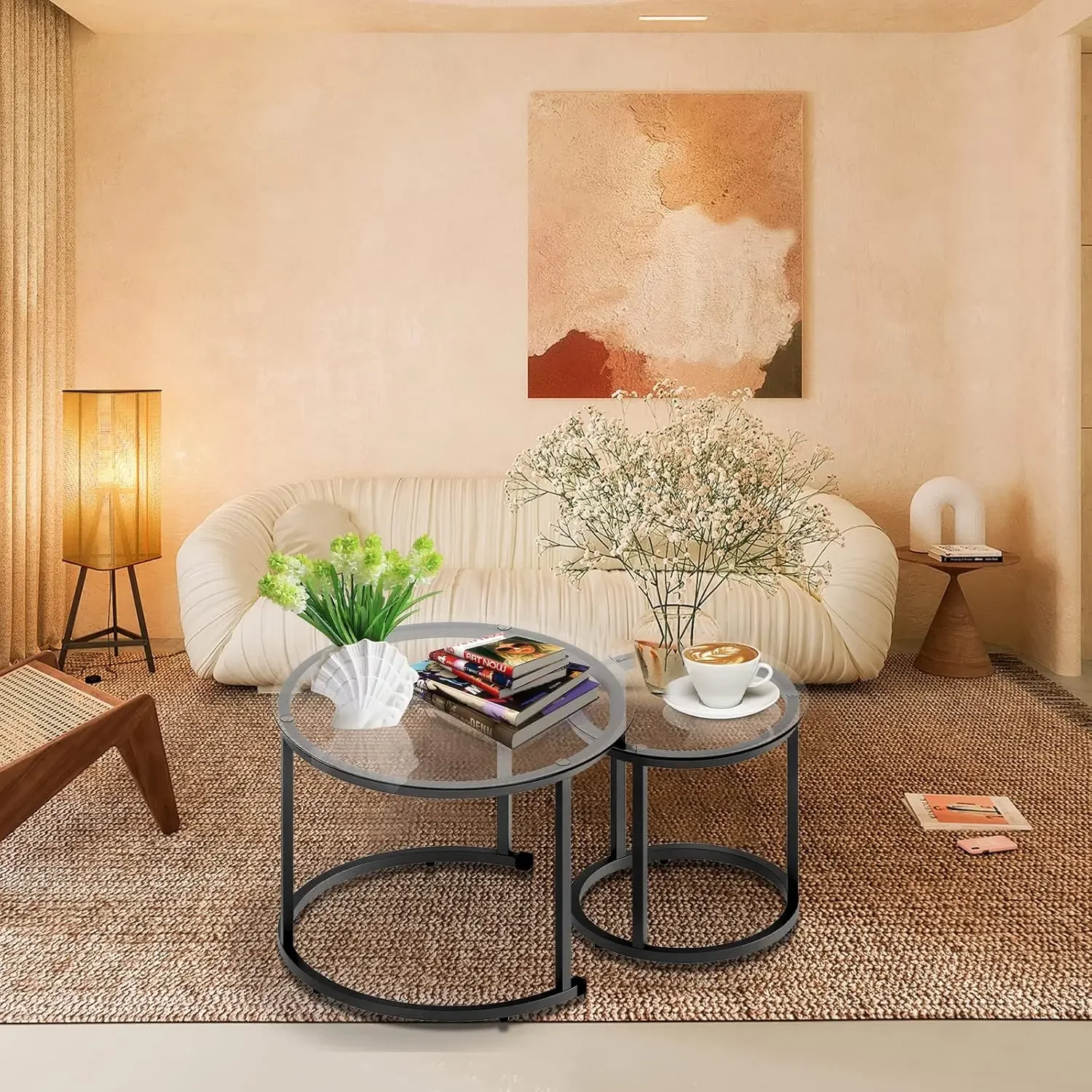 

Black Nesting Coffee Glass Table Set of 2, Metal Freme Side End Tables for Living Room Bedroom , 23.6D x 23.6W x 17.7H in