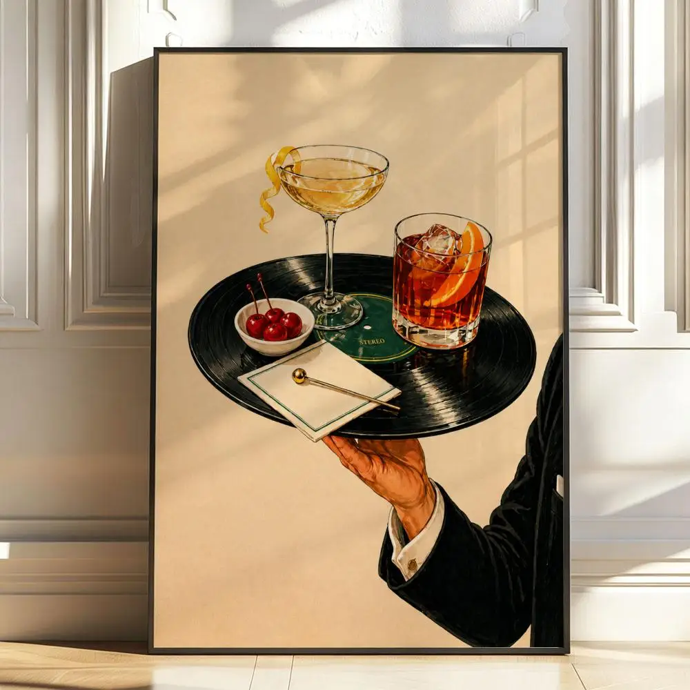 Vintage Cocktail Print, Vinyl Record Bar Tray Poster Stickers Painting Art for Bedroom Living Room Home Decor Wall Decals Gift