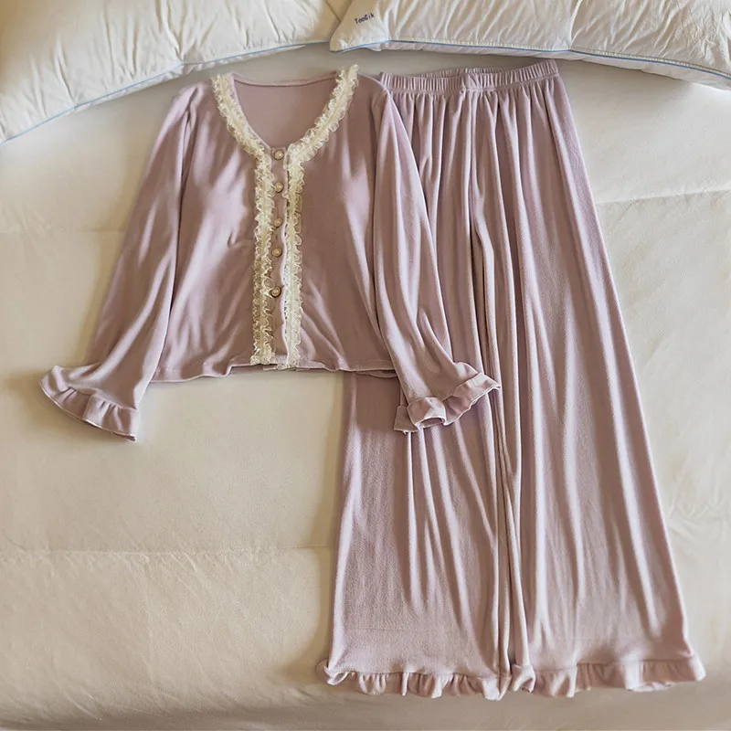 

Women's Pajamas Set New Island Velvet Thicken Warm Sleepwear Pajama Lace Sweet Winter Nightwear Ladies Sleeping Pyjama Home Suit