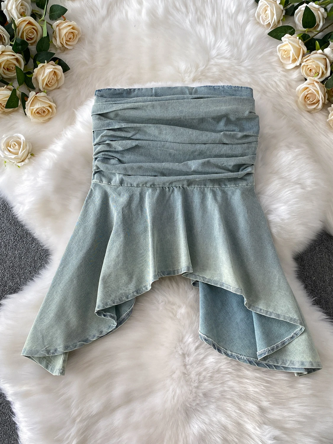 

American Retro Pleated One oulder Denim Vest Slimming Top f Skirt Two Piece Set Women's Faion Summer Outfit