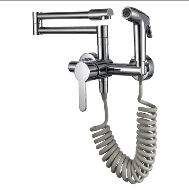 Fodable Kitchen Faucets Solid Brass  Sink Mixer Tap Hot &Cold Wall Mounted With Spray Gun Rotating