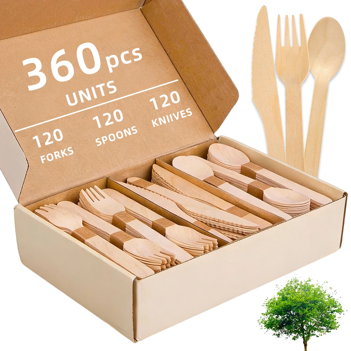 Ensemble de couverts jetables de qualité supérieure, 360 pièces, fabriqués en bois de bouleau écologique et compostable, est la alternative idéale aux ustensiles en plastique, convient pour les