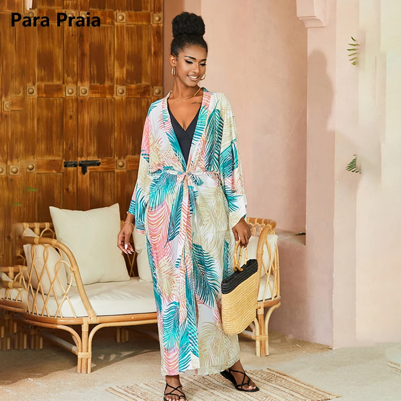 Para Praia Kimono 2024 Bikini Cover Ups Beachwear Long Shirt Beach Maxi Long Dress Sarong Women Loose Cardigan Swimsuit Covers