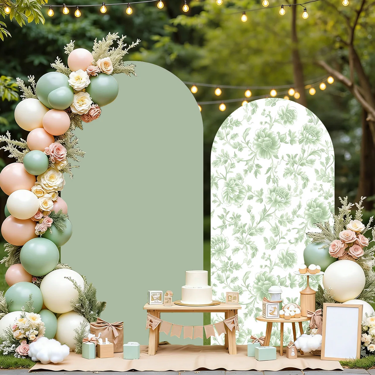Mehofond Custom 2-Sided Sage Green Pattern Flower Kids Birthday Wedding Bride Shower Cover Chiara Arch Background Decor Backdrop
