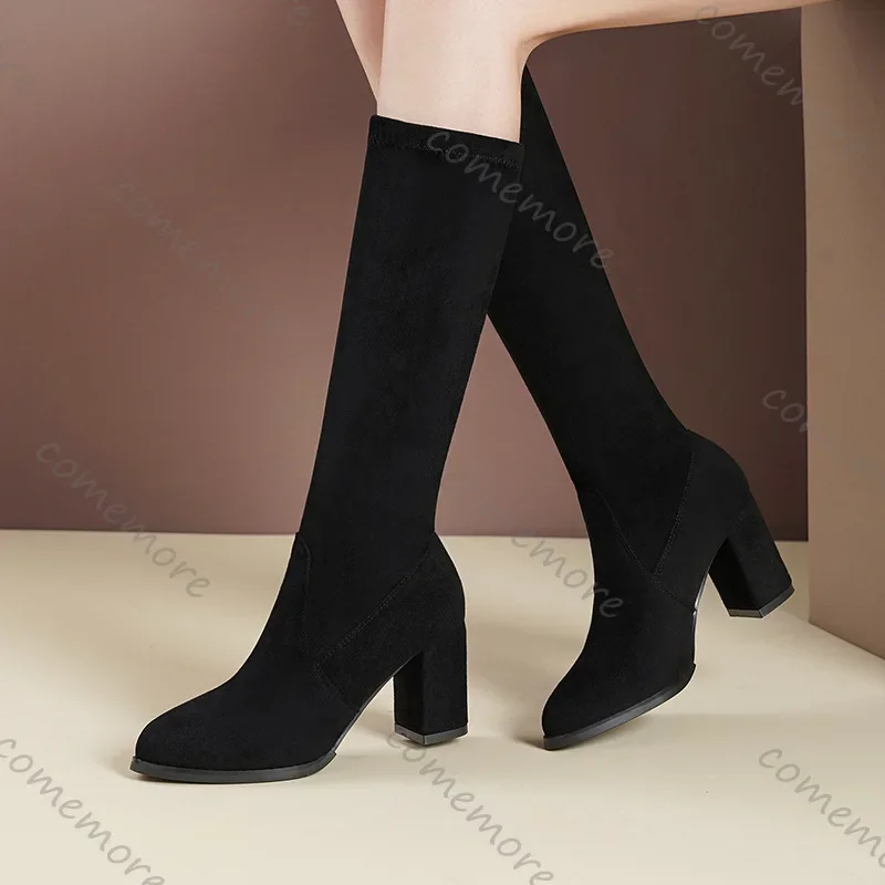 Comemore Women Boots Winter black Knee High Boots New Comfort Chunky High Heels Shoes Fashion Warm Suede Round Toe Long Boots