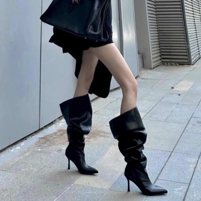 Boot Leg Long Boots Women European and American Fashion Sexy Pointed Thin High Heels Women Comfort Pleated Women's Boots 2023