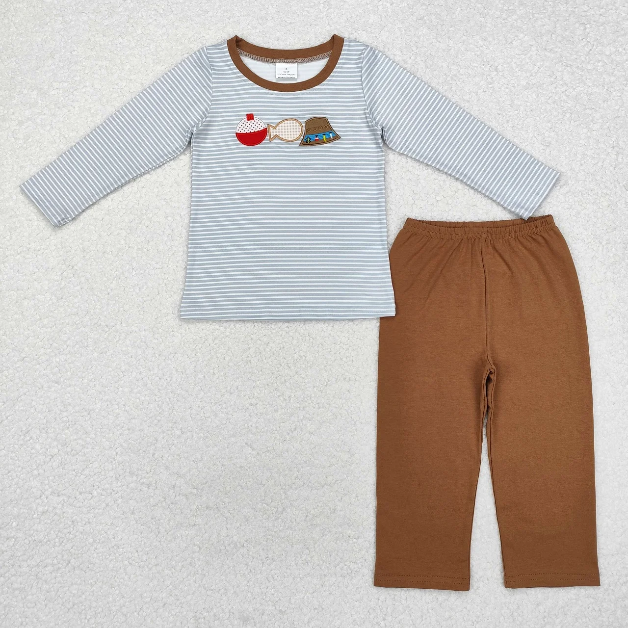 Wholesale Baby Boy Long Sleeves Embroidery Stripes Shirt Toddler Kids Outfit Clothes Children Brown Cotton Pants Fishing Set