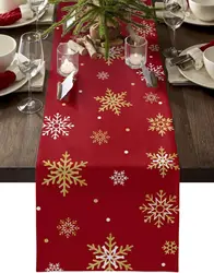 Christmas Gold Snowlfakes Linen Table Runner Holiday Party Decor Winter Xmas Kitchen Dining Table Runners Christmas Decorations