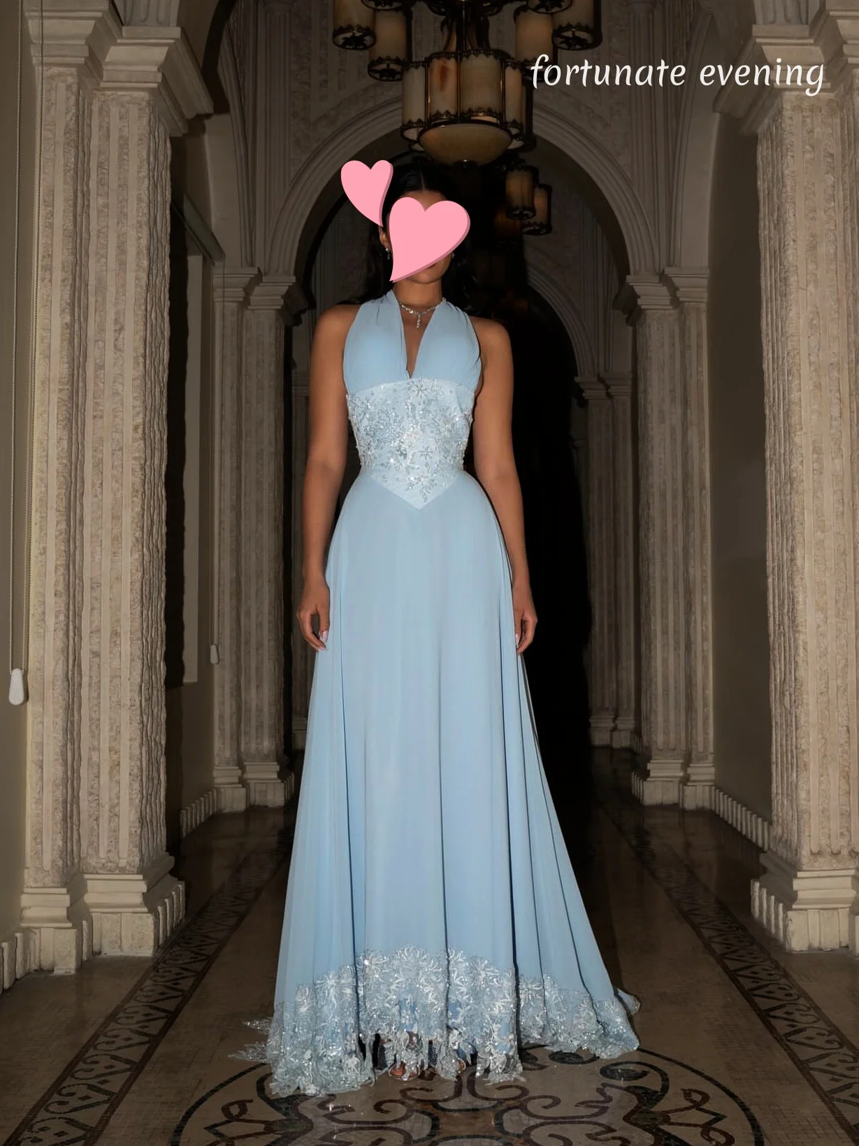 

Fortunate Evening Elegant Vintage Sweet Blue Lace Chiffon Backless Customized Formal Occasion Prom Dress Evening Party Gowns