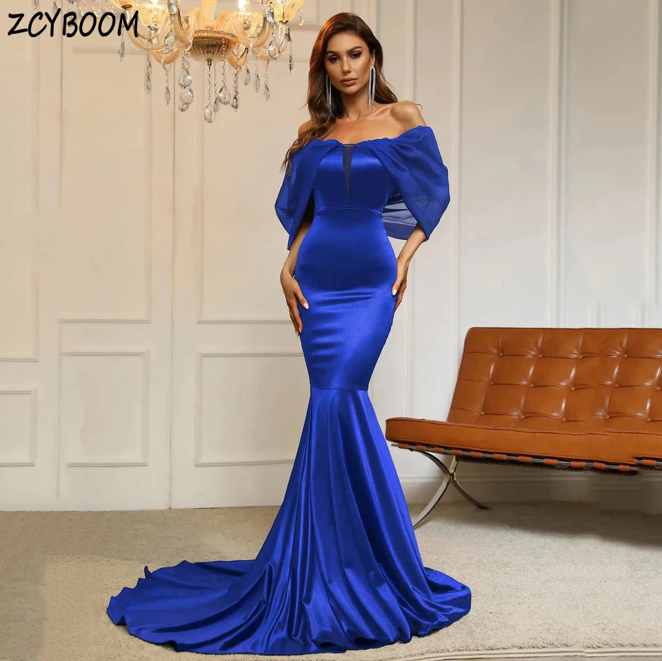 Elegante vestido de noche azul real con cuello barco, sin mangas, espalda abierta, vestido de fiesta con cremallera y cola de barrido hasta el suelo de sirena 2025