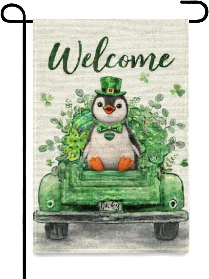 Bandera de jardín de primavera para el Día de San Patricio, decoración de jardín exterior de doble cara con pingüino, bandera pequeña para jardín de 12x18 pulgadas, para porche L IIC