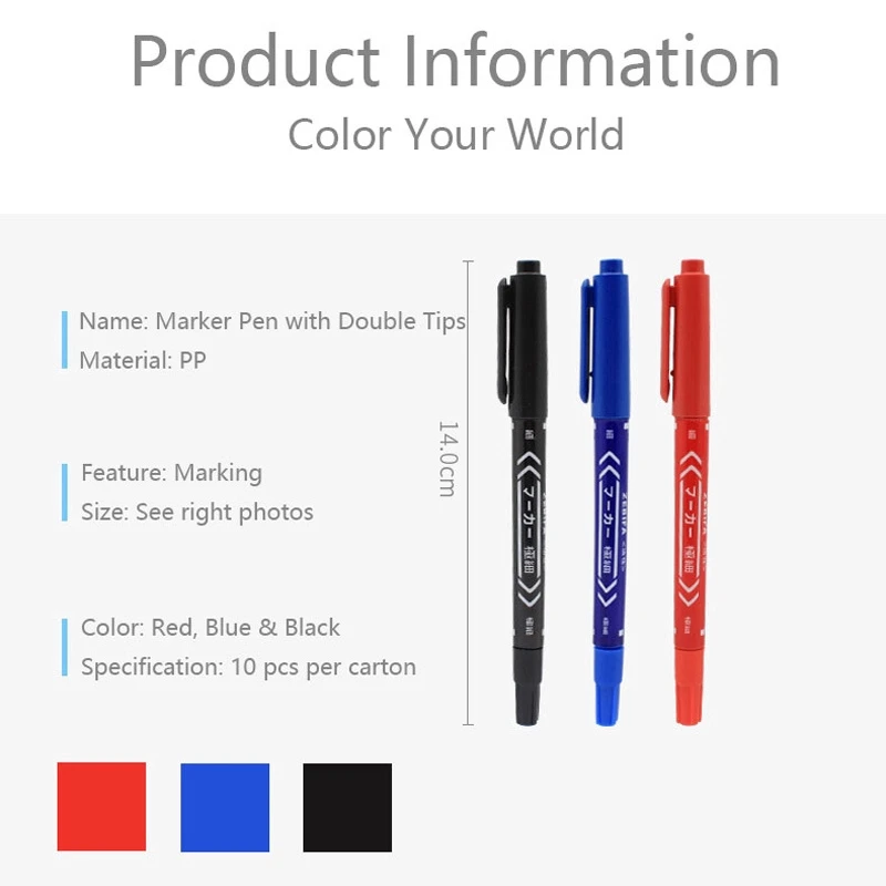 10pcs/set Double Head Marker Pen Waterproof Black/Blue/Red Oily Ink Pen School Study Stationery Life Office Supplies