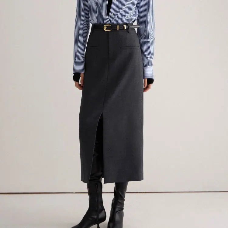 Commuter suit skirt, front slit straight  slim long French niche foreign fashion versatile  skirts for women