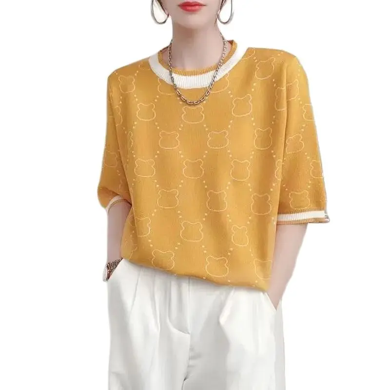 

Fashion Thin Ice Silk Sweater Half Sleeve Female T-Shirt 2022 Summer New Pullover Crew Neck Chic Loose Sweater Women's Tops