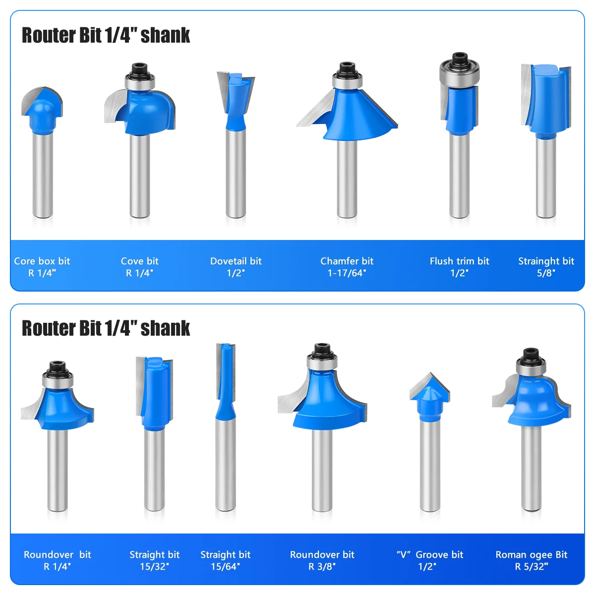 15PCS 1/4in Shank Router Bits Set Trimming Straight Beading Milling Cutter Tungsten Carbide Cutting Woodworking Tools