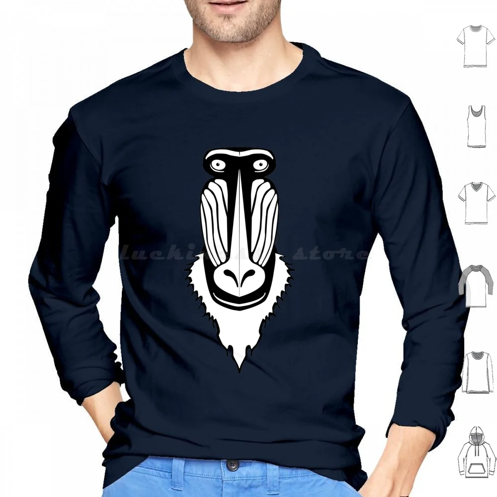 

Mandrill Face Hoodie cotton Long Sleeve Mandrill Mandril Monkey Ape Mandrillus Sphinx Face Head Danish Design Beard Animal