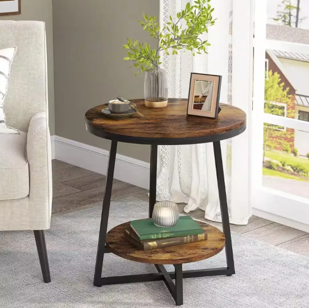 

Kerlin 20 in. Rustic Brown Round Wood End Table with 2 Tier Storage Shelf Side Table, Nightstand Bedside Table