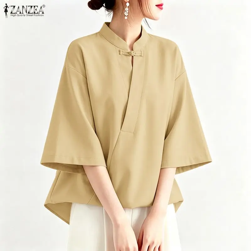 ZANZEA Autumn Blouse Chinese Vintage Style Women 3/4 Sleeve Blusas Button Mandarin Collar Split Tops V Neck Loose Tunics Tops