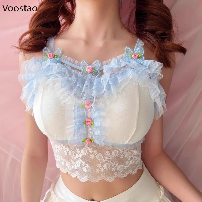 Kawaii Lolita Style Camis Tops Women Summer Bow Lace Ruffles Mesh Sweet Cropped Tanks Girls Y2k Aesthetic Clothes Chic Lace Vest