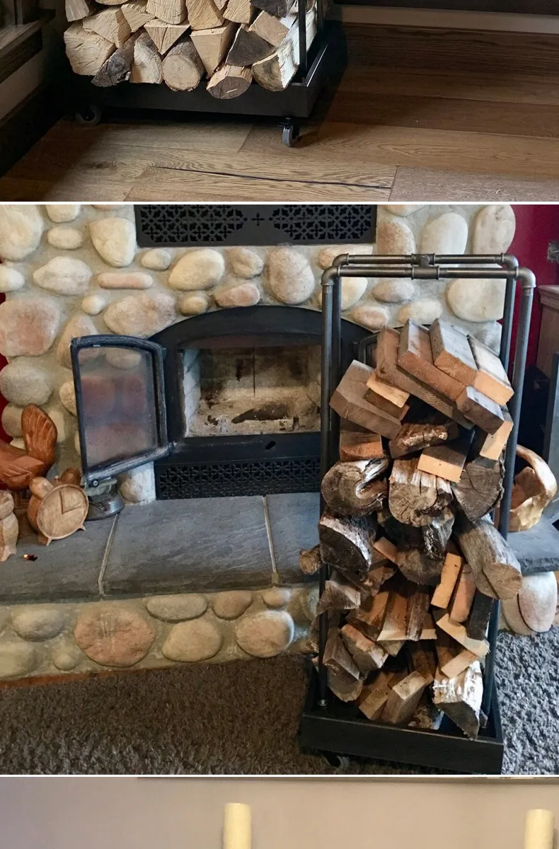 Industrial Air Pipe Wrought Iron Black Wheels Fireplace Decoration Indoor Atmosphere Firewood Rack