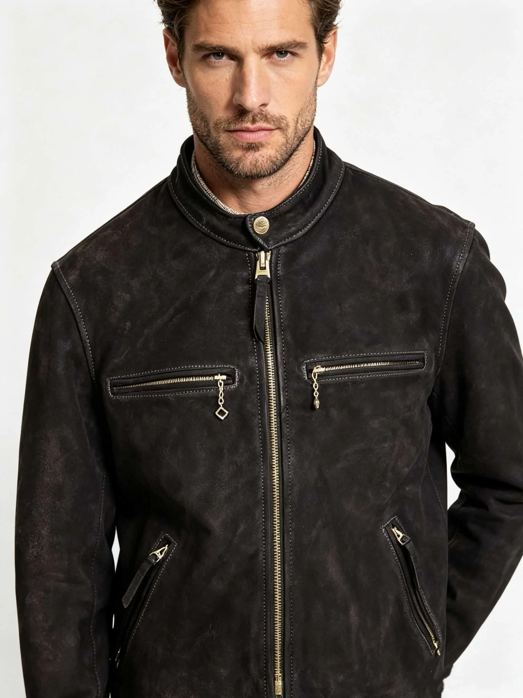 Black Autumn Leather Jacket Men Retro Style Plus Size 6XL Genuine Natural Cow Suede Stand Collar Slim Fit Motorcycle Sports Coat