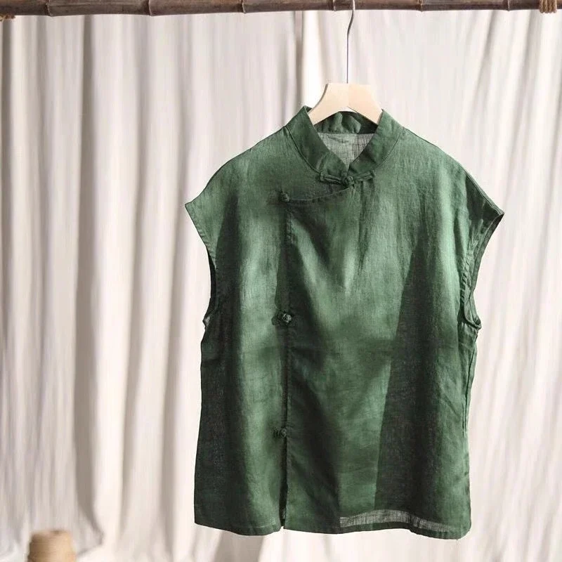 

Korean Fashion Retro Green Sleeveless Blouse Women Casual Cotton Hemp Women Shirt Versatile Loose Breathable Tank Tops