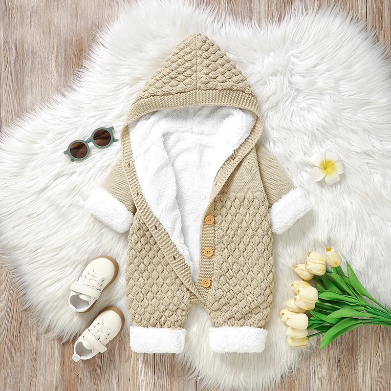 Winter Baby Romper Long Sleeve  Newborn Girl Boy Jumpsuit Knitted Fashion Hooded Infant Child Clothes 0-18M Overalls Fleece Warm