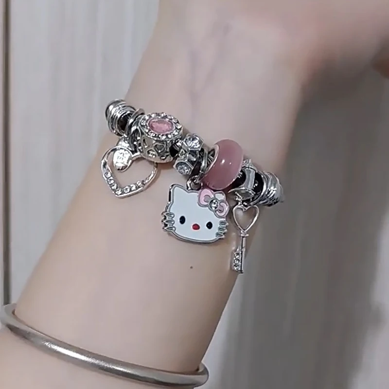 New In Sanrio Hello Kitty Bracelet Fashion Trendy Girl Y2K Bangles KT Cat Crystal Beads Hand Chains for Women Wedding Jewerly