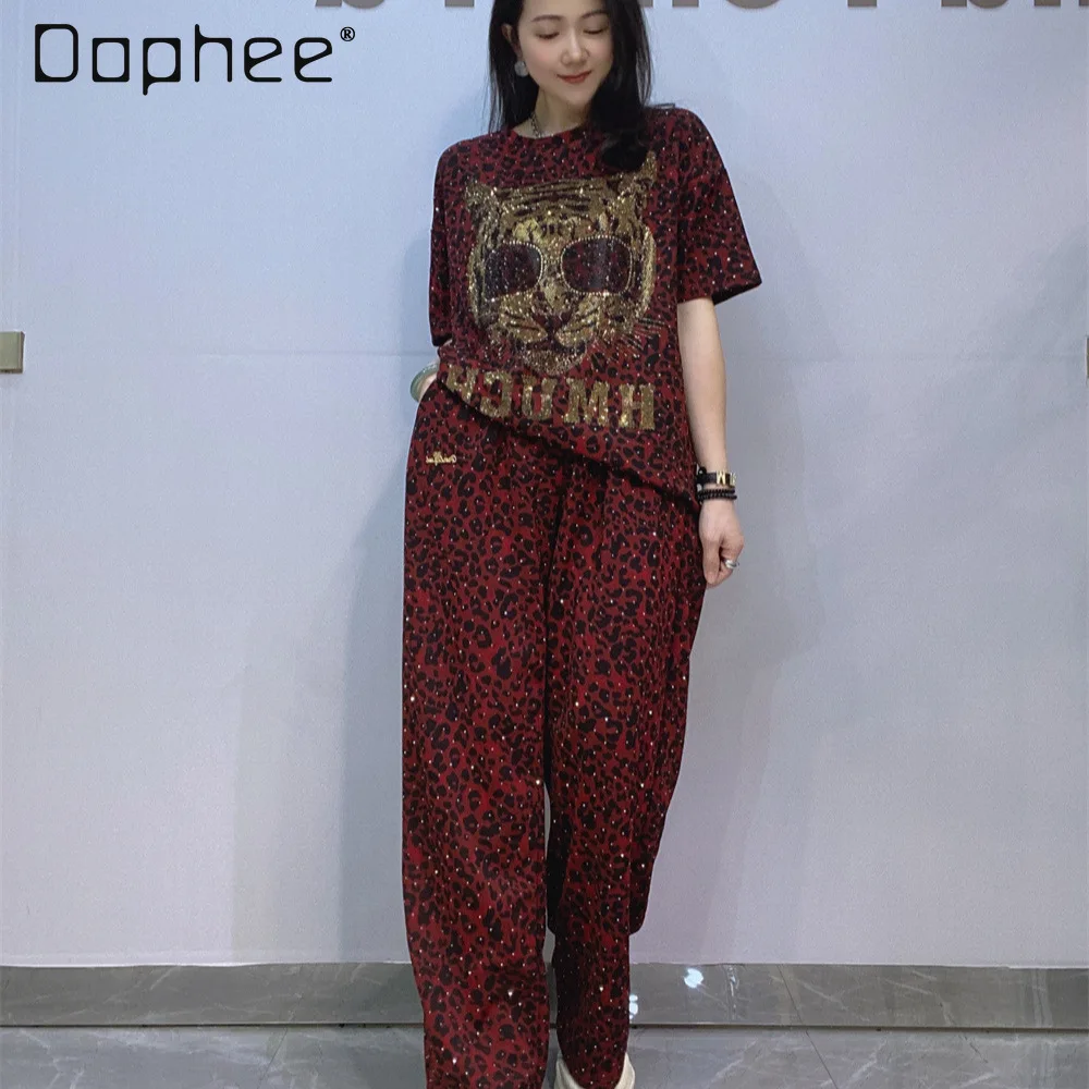 

Spring and Summer Retro Leopard Print Diamond Round Neck Half-sleeved Tee Women's Summer T-shirt and Wide-leg Pant Two-piece Set