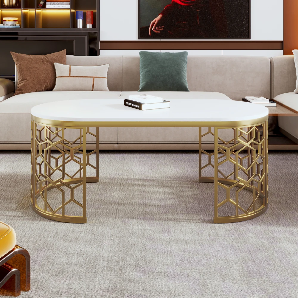 Modern Oval Coffee Table with Cut-Out Pattern Metal Stainless Steel Frame in 47.2