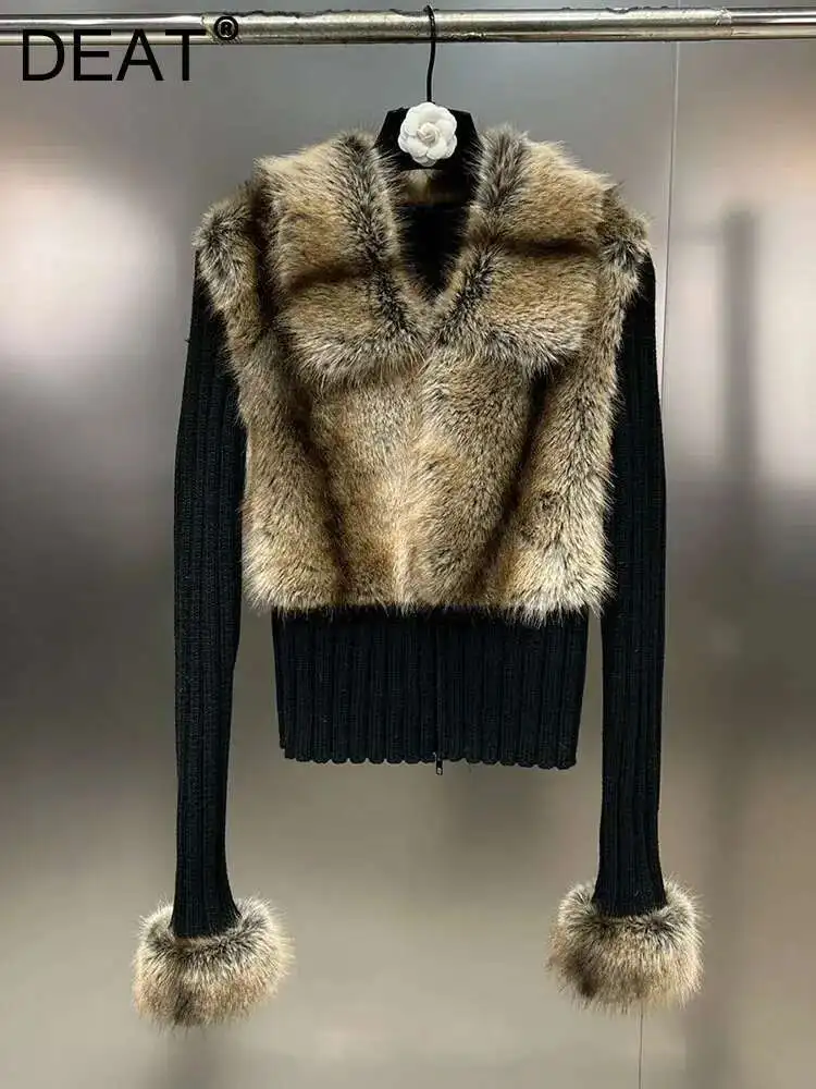DEAT Fashion Women's Spliced Fake Fox Plush Knitted Cardigan 2024
