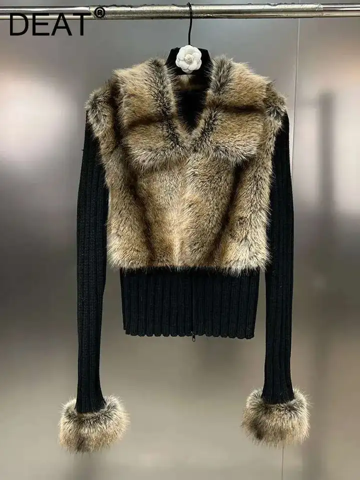 DEAT Fashion Women's Spliced Fake Fox Plush Knitted Cardigan 2024