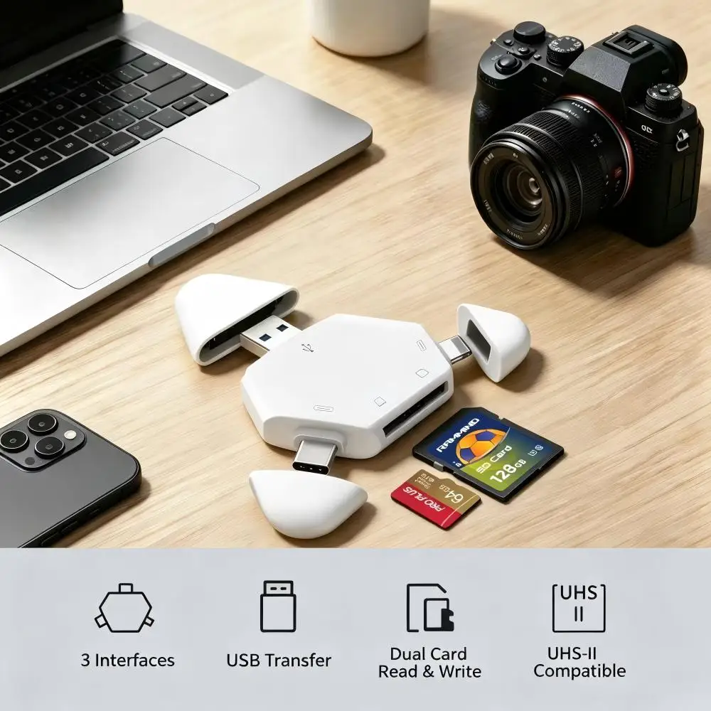 Lecteur de carte mémoire 3 en 1 avec capuchon magnétique triangulaire, port USB-C, USB Lightning, prise en charge TF/SD pour PC, ordinateur portable, MacBook, smartphone