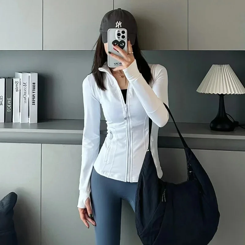 Women Define Long Sleeve Sports Jacket With Pockets High Elastic Fitness Yoga Running Zip Up Jackets Workout Coat Top