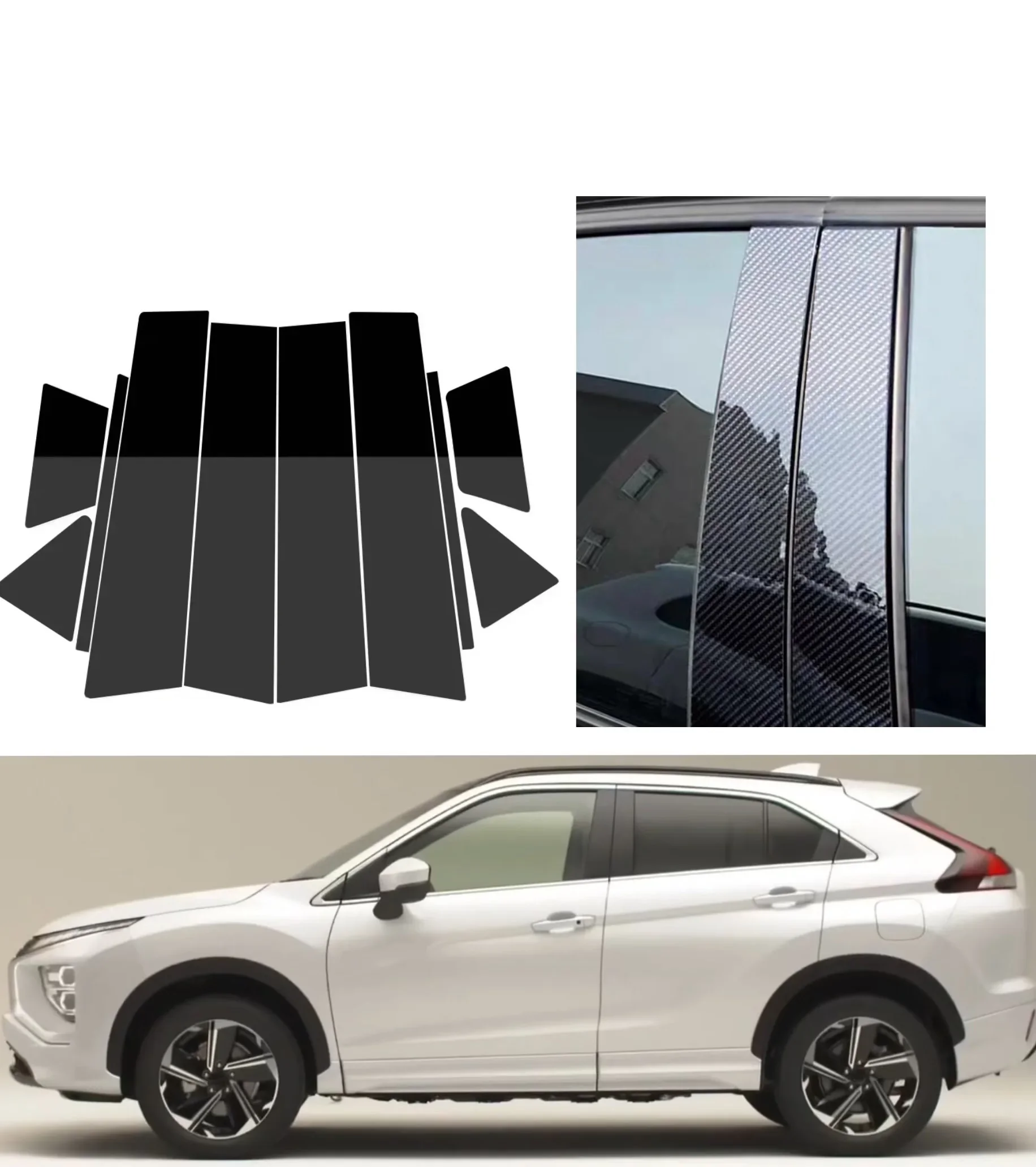 For Mitsubishi Eclipse Cross 2018-2021 10PCS Glossy Black Silver Carbon Window Pillar Post Protective Cover Set OE Style