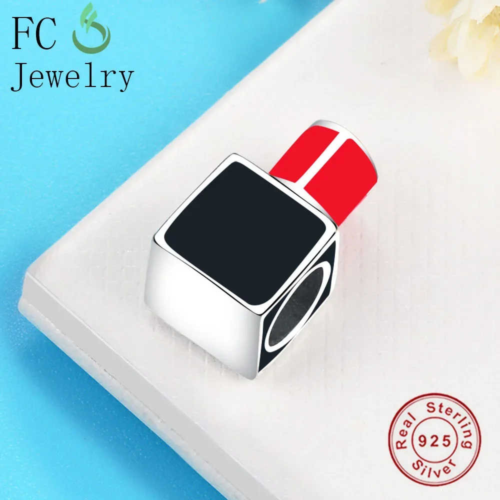 FC Jewelry Fit Original Brand Charms Bracelets 925 Sterling Silver Red Black Enamel Lipstick Pendant Beads For Making Berloque