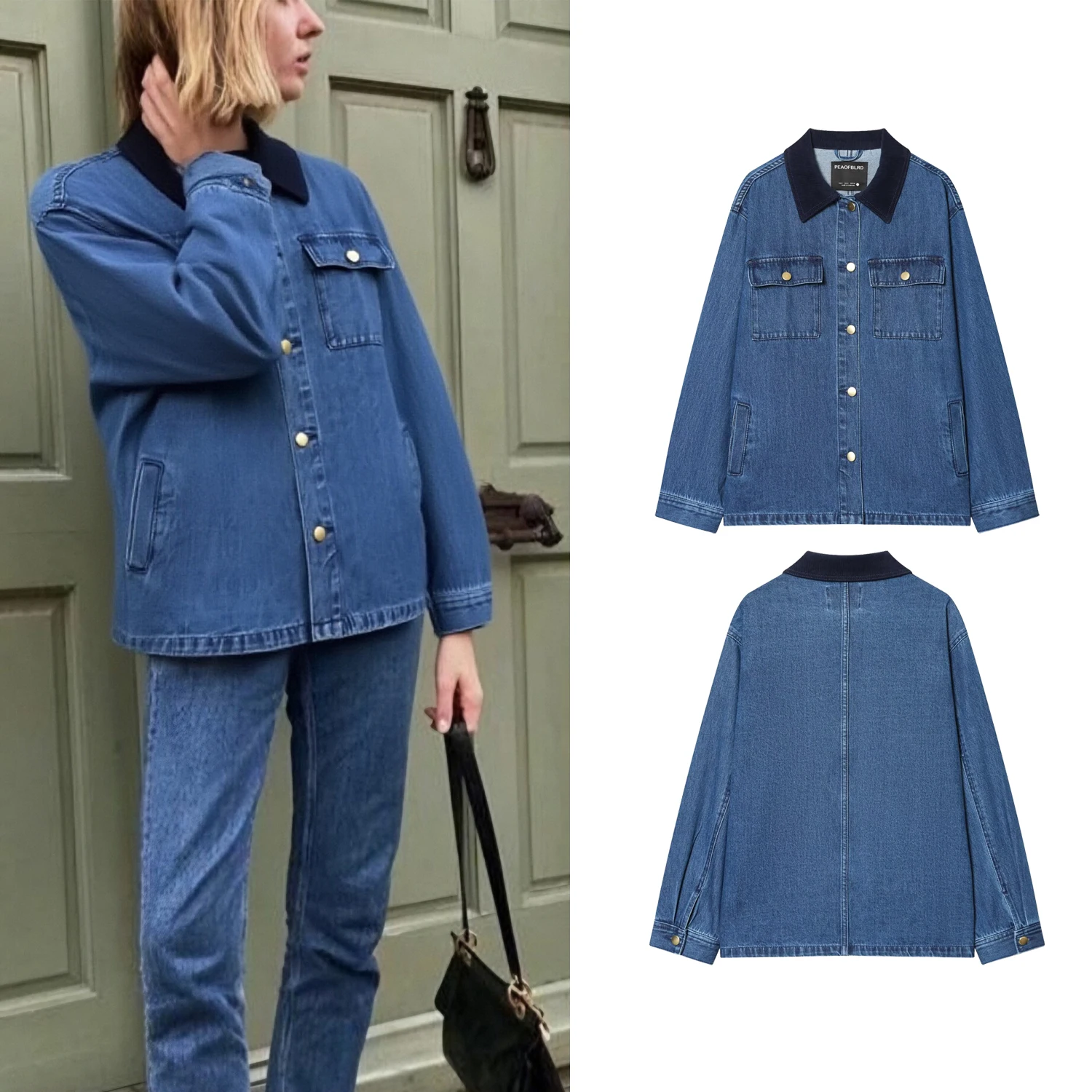 

Весенне-осенняя женская синяя джинсовая куртка в винтажном стиле с вельветовым воротником, шикарная повседневная верхняя одежда с длинными рукавами